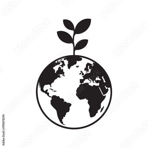 Earth graphic with growing plant symbolizing global environmental conservation efforts worldwide together for nature and sustainability.