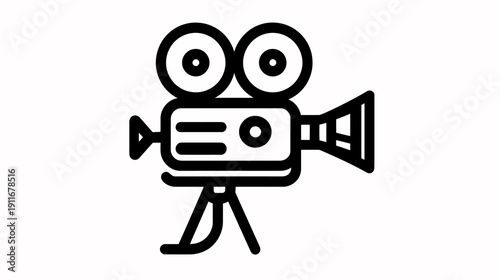 A black and white line drawing of a vintage video camera on a tripod