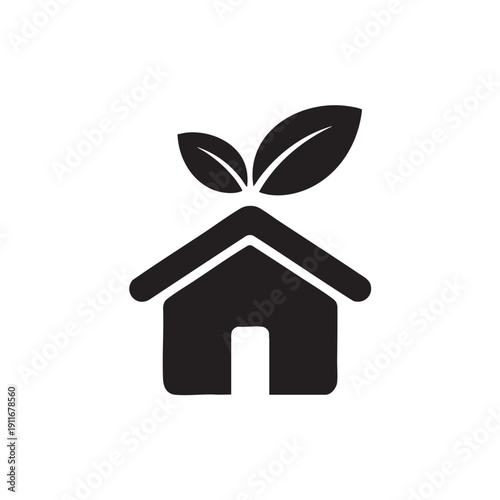 Simple black and white icon representing eco friendly home or sustainable living concept with a house and growing leaves