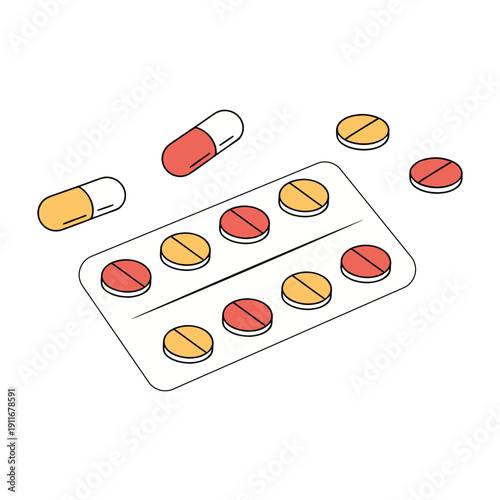 Pills and Capsules in Blister Pack – Medicine Tablet Vector Illustration