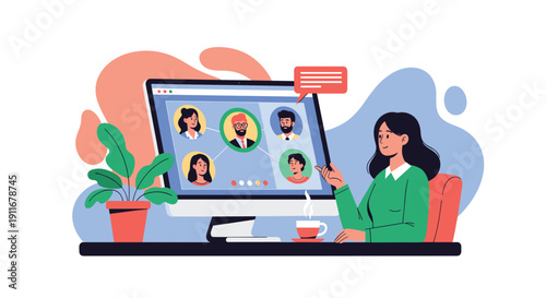 Professional woman participates in a remote video conference meeting with colleagues displayed on her desktop computer monitor.