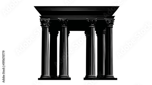 Black and white illustration of classical architecture depicting columns, entablature, and entrance