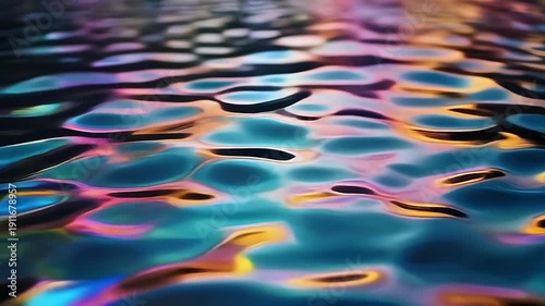 Slow motion close up of vibrant undulating water ripples with iridescent kaleidoscopic colors and fluid distortions