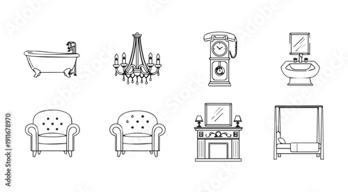 Vintage Furniture Icons: Bathtub, Chandelier, Clock, Sink, Chairs, Fireplace, Bed