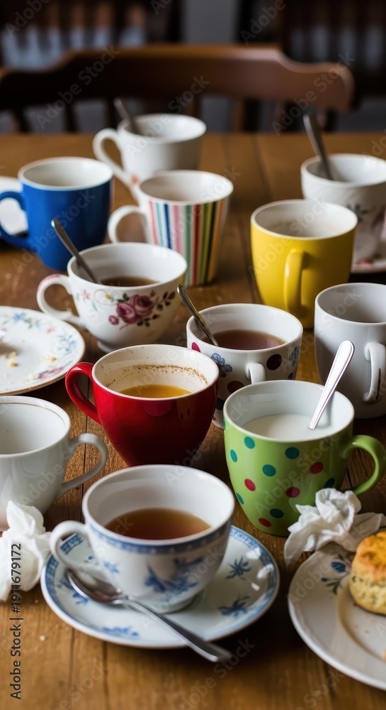 Fototapeta premium Numerous assorted mugs and teacups filled with beverages rest upon a wooden table surface.