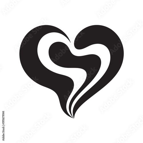 Elegant black heart symbol with flowing white interior design elements on a clean white background creating a beautiful visual representation