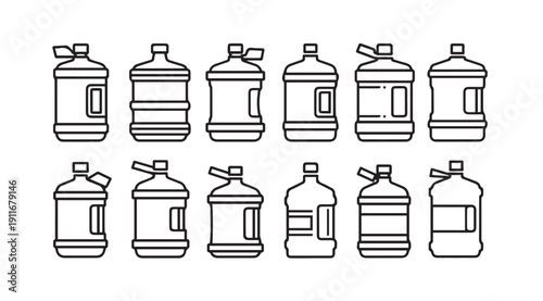 Water Bottle Icons Collection, Large Gallon Container Line Art Vector Graphics
