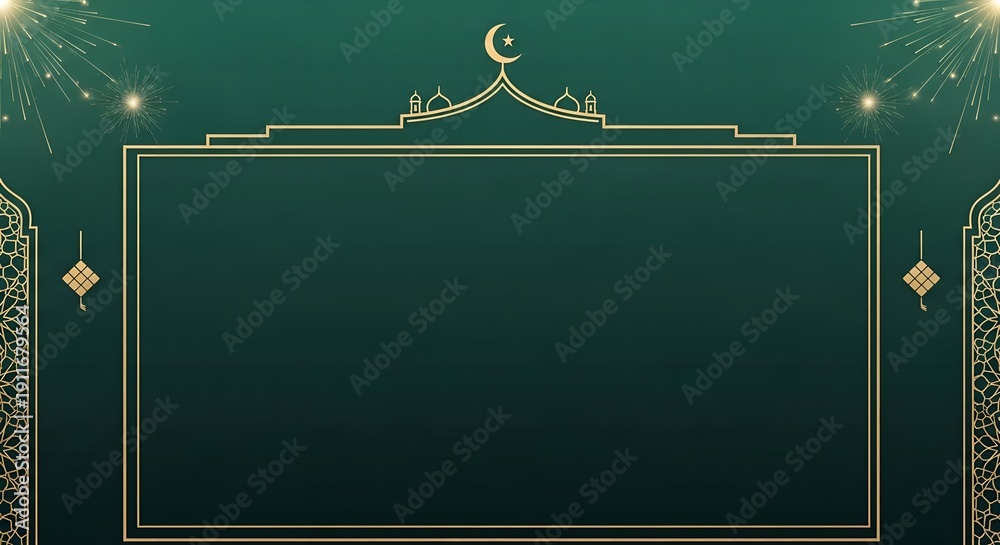 Fototapeta premium A dark green background with gold Ramadan Mubarak Eid al-Fitr decorative frame and crescent moon design elements.