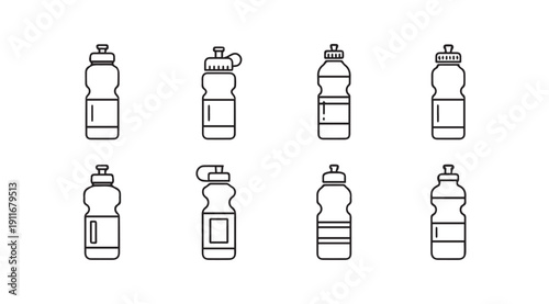 Water Bottle Icons Set, Outline Design, Sports and Fitness Hydration, Simple Graphics