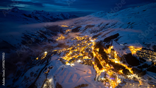 Aerial view of Les Menuires in Les Trois Vallees or The 3 Valleys at sunset