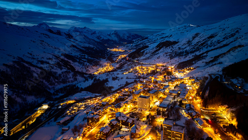 Aerial view of Les Menuires in Les Trois Vallees or The 3 Valleys at sunset