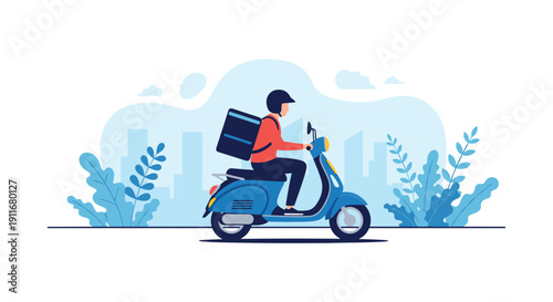 Professional delivery man rides a blue motor scooter with a storage box through a city landscape to deliver packages to customers on time.