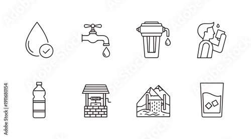 Water Icons Collection: Drop, Tap, Filter, Drinking, Bottle, Well, Waterfall, Glass