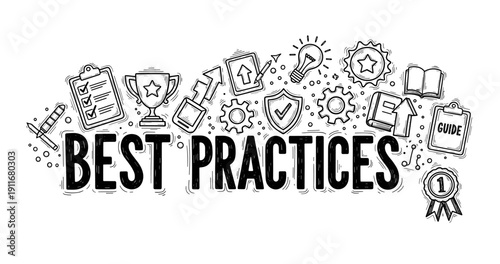 Best practices concept with doodle icons for success and growth
