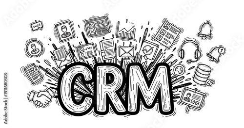 Crm concept with hand-drawn technology and business icons