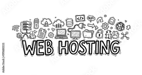 Web hosting concept with doodles of servers, cloud, computer, and security icons