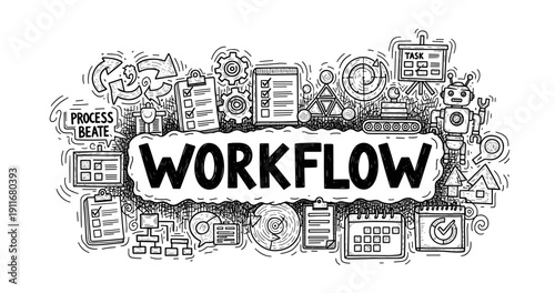 Workflow doodle with robot, calendar, and gear elements surrounded by task icons