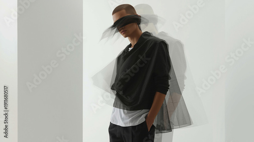 Wallpaper Mural A contemporary photography scene featuring a male model wearing modest layered clothing, his eyes covered by fabric while motion blur adds depth to his posture. Subtle glitch overlays Torontodigital.ca