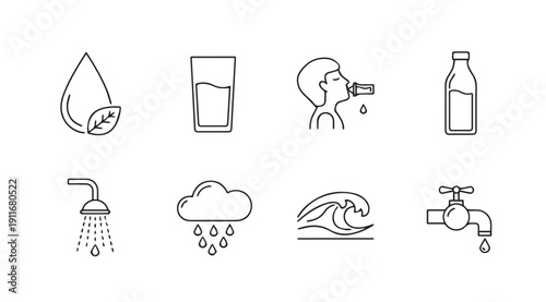 Water Icons Set: Drop, Glass, Drinking, Bottle, Shower, Rain, Wave, Tap