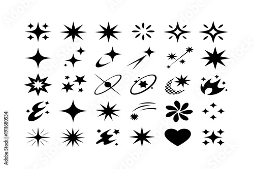 Decorative Sparkle and Starburst Icon Set. Abstract Twinkle, Shine, Magic Symbols and Light Effects Collection. Black Silhouette Vector Illustration Isolated on White Background.