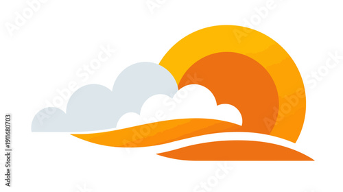 Simplified illustration of a sunset or sunrise with clouds and a stylized orange sun