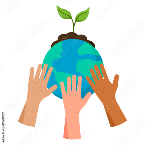 Diverse Hands Holding Earth with Plant