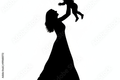 Silhouette of maternal bliss: A silhouetted figure captures the tender moment between a mother and child, with the mother joyfully lifting the baby into the air.