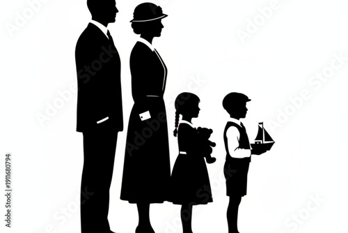Vintage Silhouette Family Portrait: A classic, black-and-white silhouette depicts a family standing together, embodying the timeless values of unity, heritage, and kinship.
