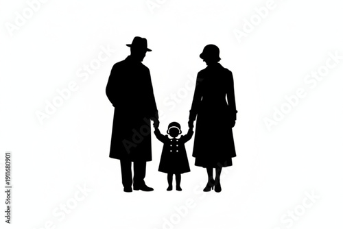 Silhouette Family Portrait: A classic silhouette of a family, capturing a father, mother, and child hand in hand, symbolizing unity and togetherness.