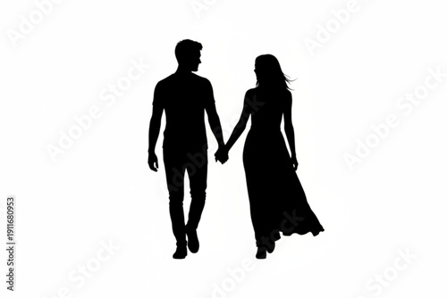 Silhouette of couple walking together: A tender moment of connection between a couple, their silhouettes elegantly depicted as they walk hand in hand, symbolizing love and togetherness. 