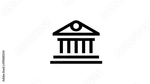 A minimalist icon of a building with columns and a triangular roof, centered on white