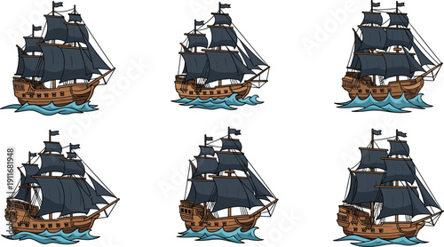Antique Pirate Ship Vector Illustration Set with Wooden Galleons Black Sails and Tall Masts Navigating Through Ocean Waves