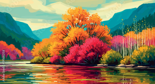 Vibrant autumn island landscape with colorful trees and reflective lake scenery