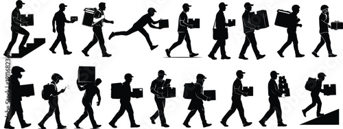 Delivery Man Silhouette Collection Set – Courier with Package in Different Poses