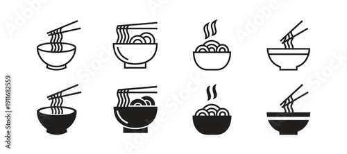 Ramen and noodle bowl icons in outline and filled styles