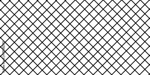 Diagonal cross line grid seamless pattern. Geometric diamond texture. Black diagonal line mesh on white background. Minimal quilted fabric. Metallic wires fence pattern. Modern Vector