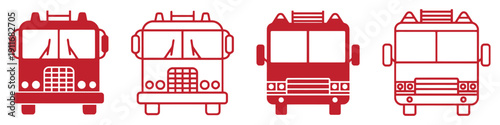 Red fire truck icons in front view for emergency services and vehicles