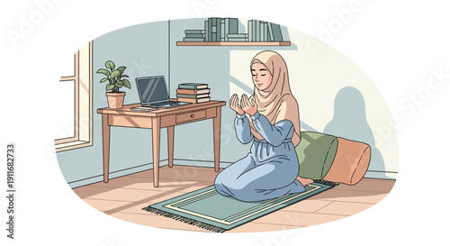 Muslim Woman Praying on Prayer Mat at Home, Peaceful Devotion and Spirituality