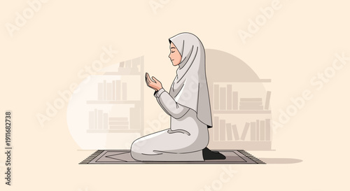 Muslim Woman Praying on Prayer Mat, Islamic Devotion and Spirituality