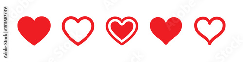 Red heart icons in various styles for love and emotion