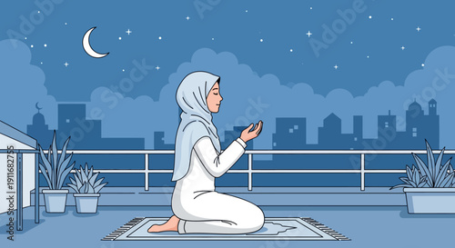 Muslim Woman Praying on Rooftop at Night Under Crescent Moon and Stars