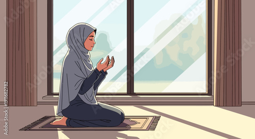 Muslim Woman Praying on Rug by Sunlit Window