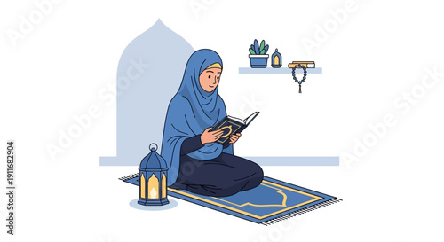 Muslim Woman Reading Quran on Prayer Mat with Lantern and Rosary