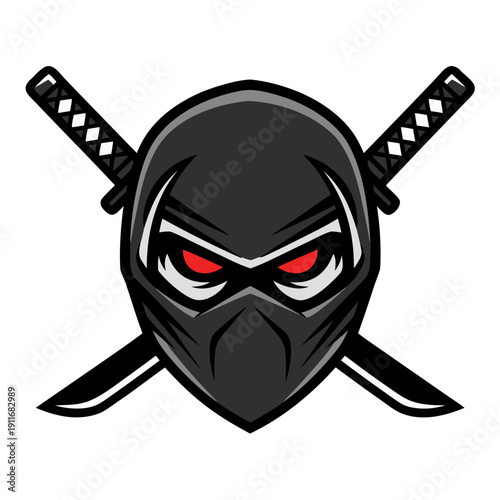 Ninja warrior mask with crossed swords, fierce red eyes graphic illustration