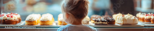 Child looking at bakery display case with cakes and pastries, warm light, shallow depth of field, panoramic horizontal banner for bakery advertising and retail marketing