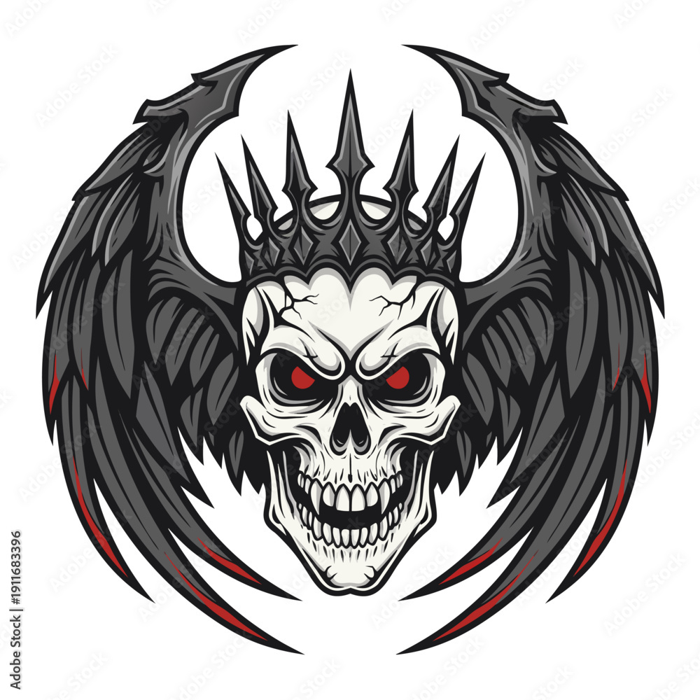 Fototapeta premium Scary King Skull With Black Wings And Red Eyes Emblem