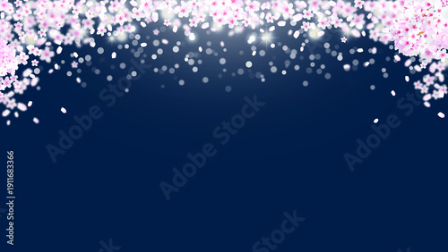 春のイメージ、桜の花と風に飛ぶ花びらの背景イラスト
