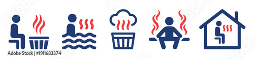 Sauna and steam room icons with people relaxing and steam effects