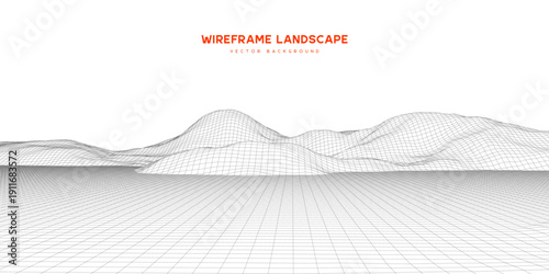 Minimalist 3D wireframe landscape background. Digital terrain with mountain mesh grid for technology, gaming, and futuristic data visualization concepts. Vector illustration.