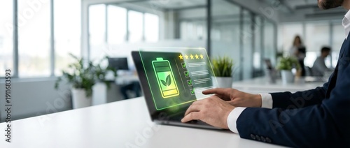A businessman in a suit is diligently typing on his laptop, observing a vibrant green glowing battery icon alongside several checkmarks, indicating energy efficiency.
